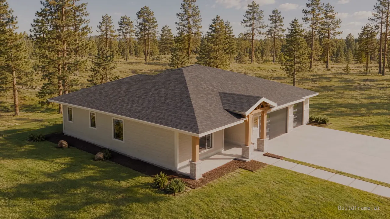 Photoreal still from a walkthrough film made from house plans