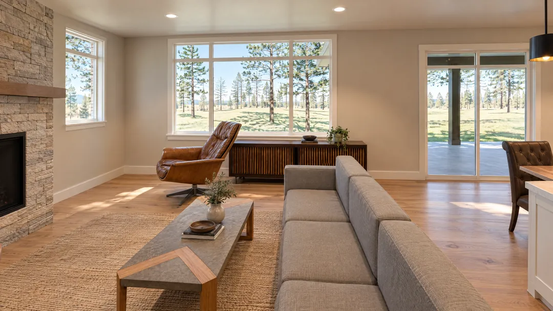 The great room with its stone fireplace