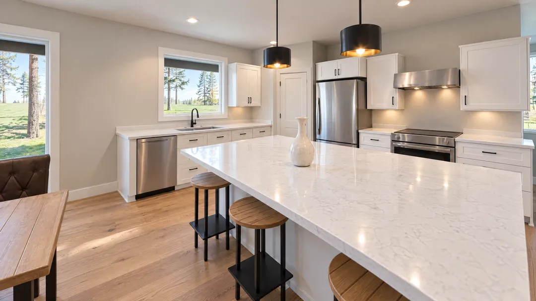 The kitchen island and range wall